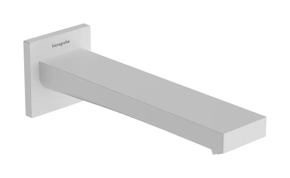 Wandmontierter Wasserlauf in mattem Weiß von Hansgrohe, mit einer schlichten, rechteckigen Form. Ideal für Badewanneninstallation.